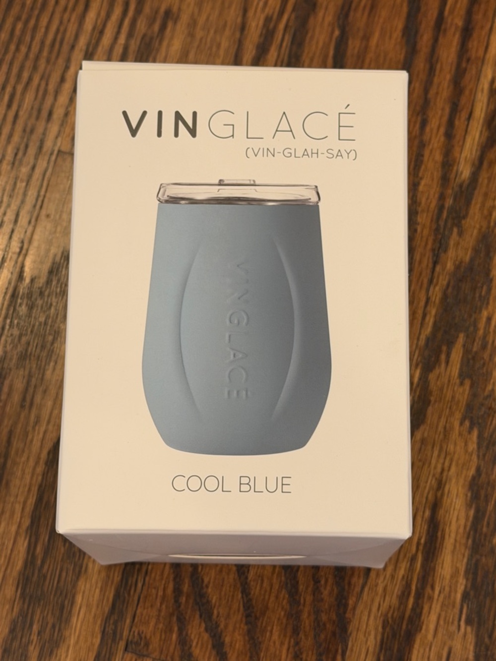 VinGlacé Glass Lined Wine Glass Tumbler Stemless in Cool Blue- New in Box